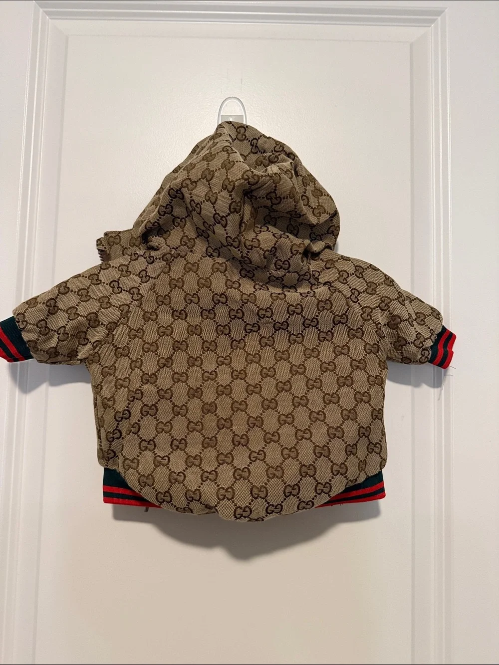 Gucci Beige Brown Monogram Dog Hoodie with Red and Green Trim